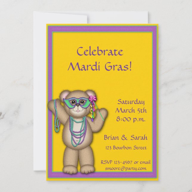 Invitación del oso mardi gras (Anverso)