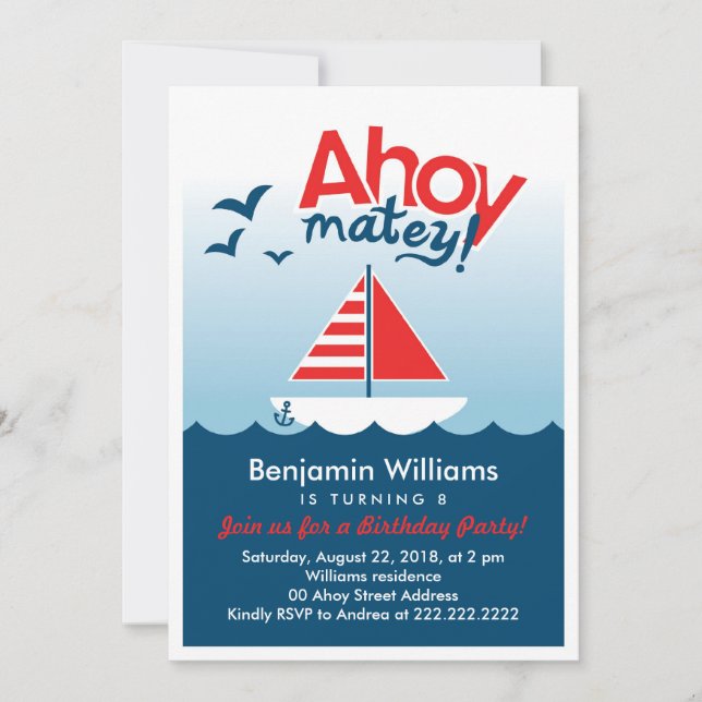 Invitación del partido de cumpleaños Nautical Ahoy (Anverso)