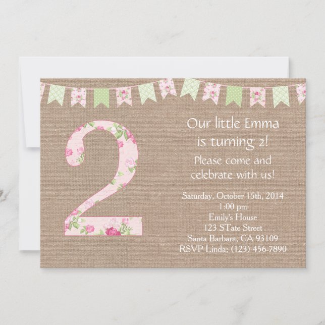 Invitación del partido de cumpleaños Shabby Chic (Anverso)