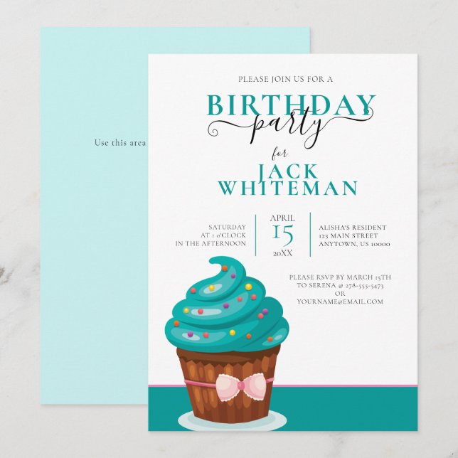 INVITACIÓN DEL PARTIDO DE CUPCAKE VERDE AZULADO FE (Anverso / Reverso)