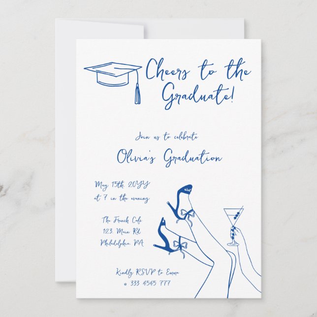 Invitación del Partido de Graduación Azul dibujado (Anverso)
