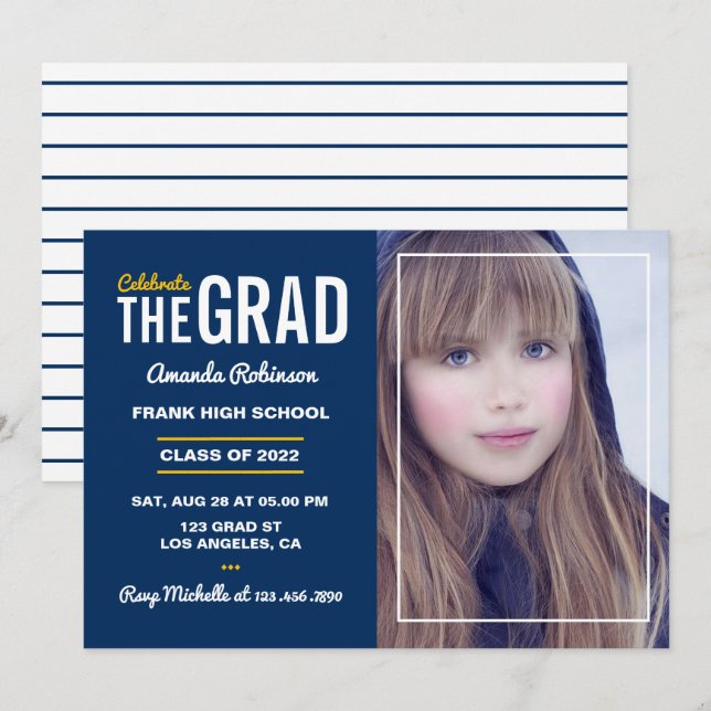 Invitación del partido de graduación azul y blanco (Anverso / Reverso)