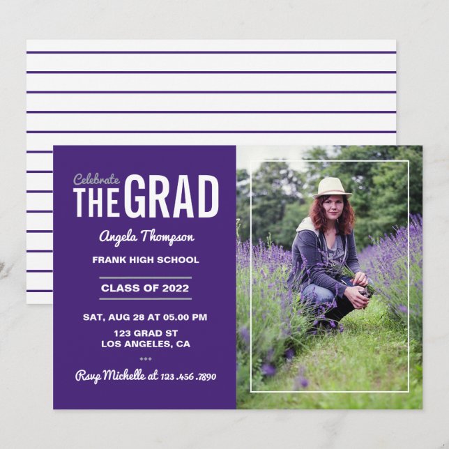 Invitación del partido de graduación morado y blan (Anverso / Reverso)