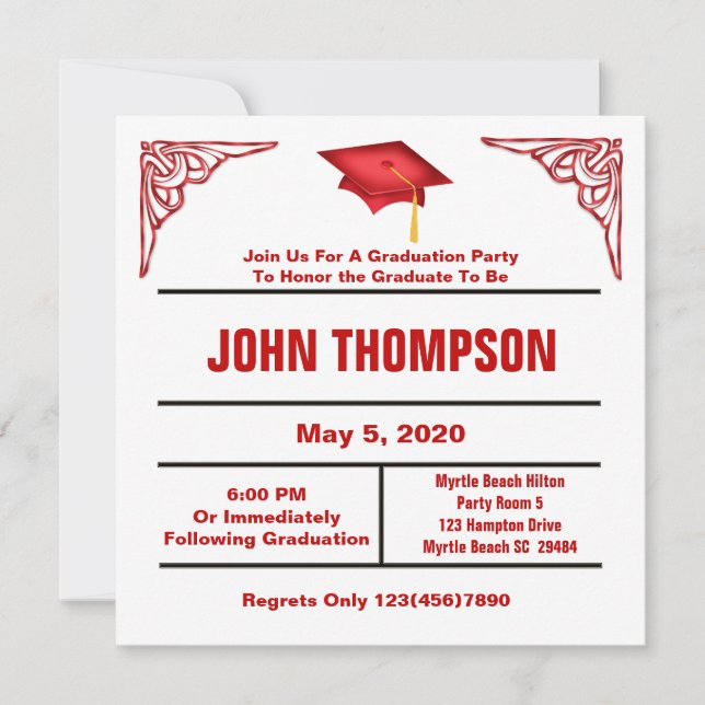 Invitación del partido de graduación rojo y blanco (Anverso)