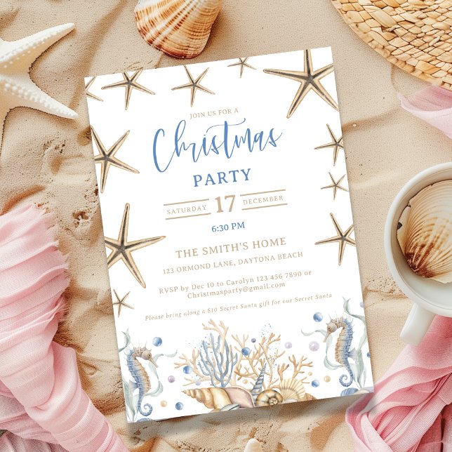 Invitación del Partido de los Navidades Costeros (oastal Christmas invite featuring a soothing blend of sand and blue colors and delicate sea stars)