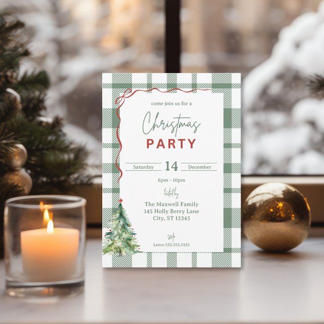 Invitación del partido de los Navidades de Green P (Rustic Plaid Christmas Party Invitation)