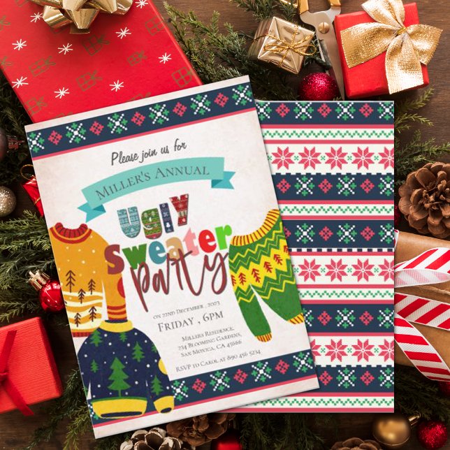 Invitación del partido de los Navidades del patrón (Ugly Sweater Pattern Christmas Party Invitation)