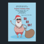 Invitación del Partido de los Navidades Tropicales<br><div class="desc">¡La perfecta invitación a la fiesta de los Navidades tropicales! El fondo azul muestra a Santa en el traje de baño y a su gorra usando un lei floral, gafas de sol y sosteniendo su saco. La tarjeta es fácil de personalizar con su redacción, fuente, color de fuente, opciones de...</div>