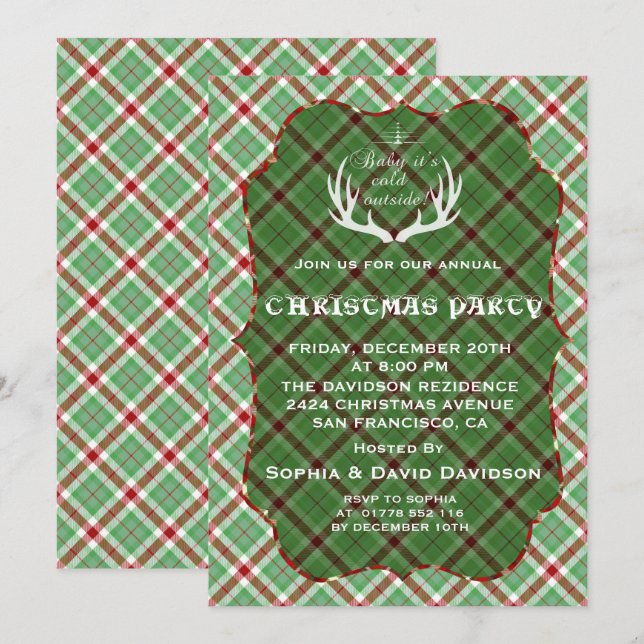 Invitación del partido de Navidades Green Plaid de (Anverso / Reverso)