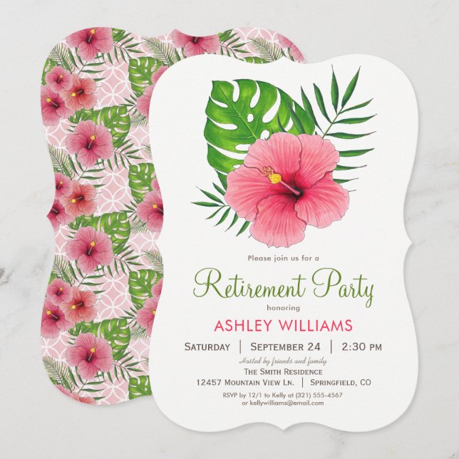 Invitación del partido de retiro de flores rosadas (Anverso / Reverso)