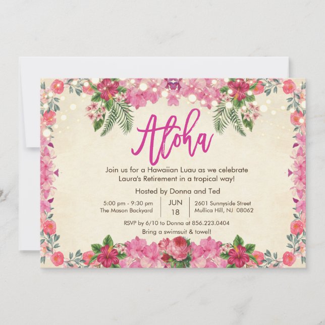 Invitación del partido de retiro tropical Aloha Lu (Anverso)