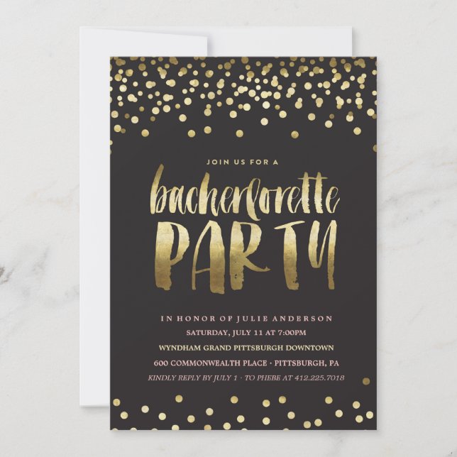 Invitación del partido GOLD CONFETTI BACHELORETTE (Anverso)