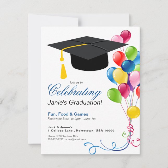 Invitación del partido GRADUATION con globos color (Anverso)