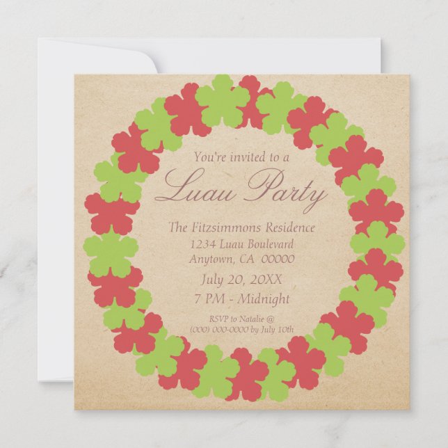 Invitación del partido hawaiano Lei Luau, rojo y v (Anverso)