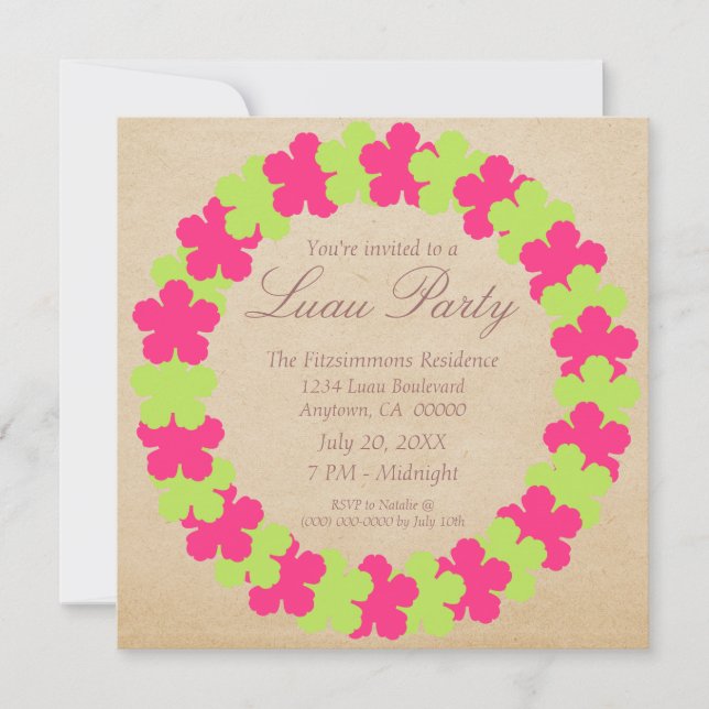 Invitación del partido hawaiano Lei Luau, rosa y v (Anverso)