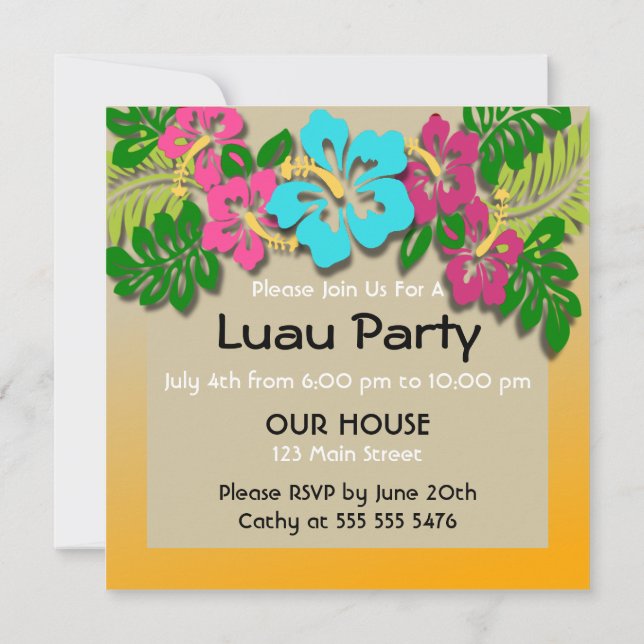 Invitación del Partido Luau de Hawái (Reverso)