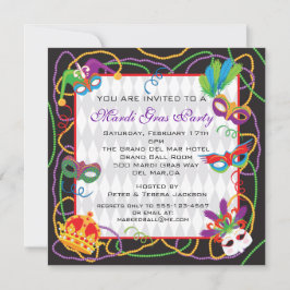 Invitación del partido Mardi Gras con máscaras y c