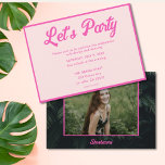 Invitación del Partido Mitzvah del Bat Tropical Ro<br><div class="desc">Invite a sus huéspedes con estilo con estas invitaciones a Bat Mitzvah de neón rosa tropical. El diseño presenta hojas de palma verdes, una foto en la parte posterior y un texto personalizado rosa para compartir los detalles de tu evento. Introduzca la Herramienta de diseño de Zazzle para realizar ajustes...</div>