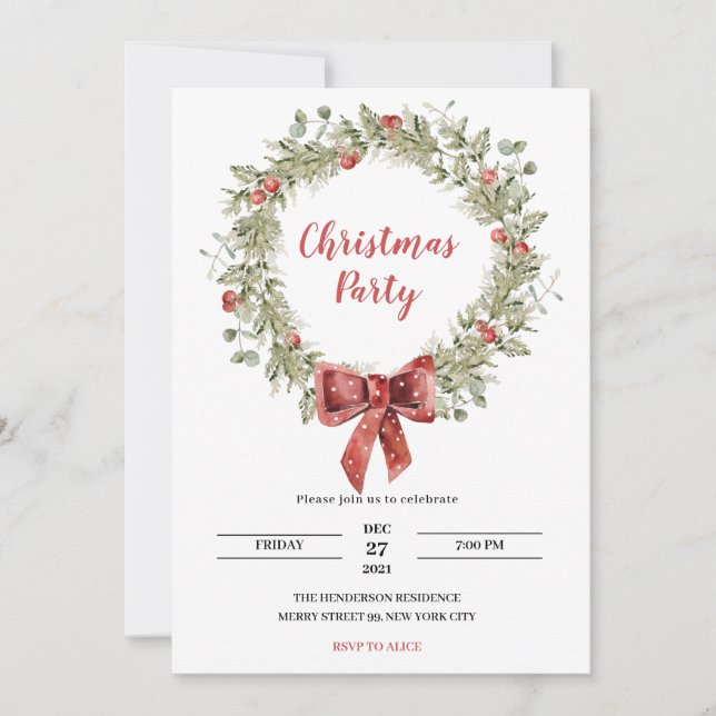 Invitación del partido navidad Holly Wreath Ribbon (Anverso)