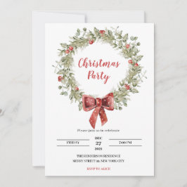 Invitación del partido navidad Holly Wreath Ribbon