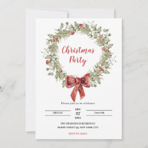 Invitación del partido navidad Holly Wreath Ribbon