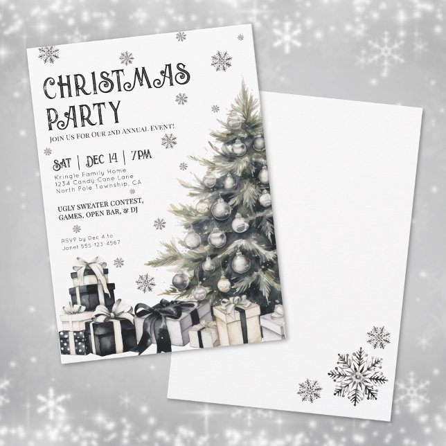 Invitación del partido Navidades de invierno blanc (Black White Winter Christmas Party Invitation )