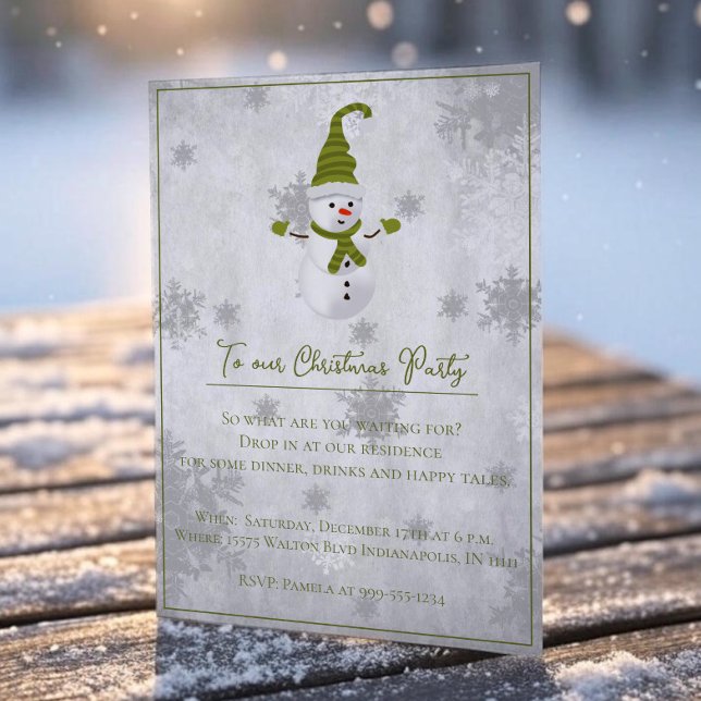 Invitación del partido Navidades de Snowman, culto (Green Cute Snowman Christmas Party Invitation)