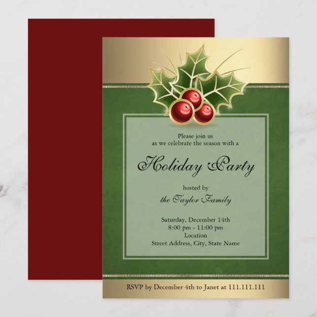 Invitación del partido Navidades Holly Berry Green (Anverso / Reverso)