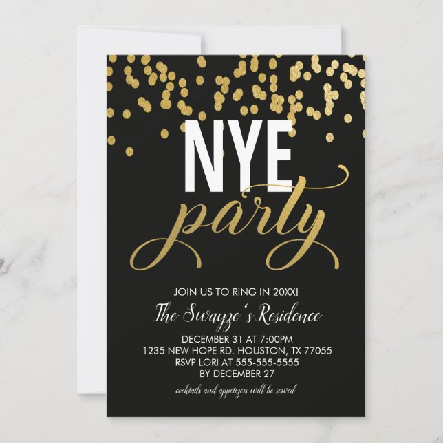 Invitación del partido NYE | Confetti negro y oro (Anverso)
