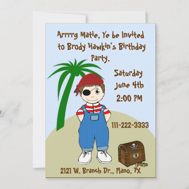 Invitación del partido pirata de un niño (Anverso)