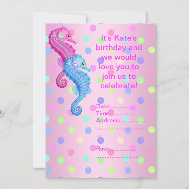 INVITACIÓN DEL PARTIDO POLKA DOT SEAHORSE rosa (Anverso)