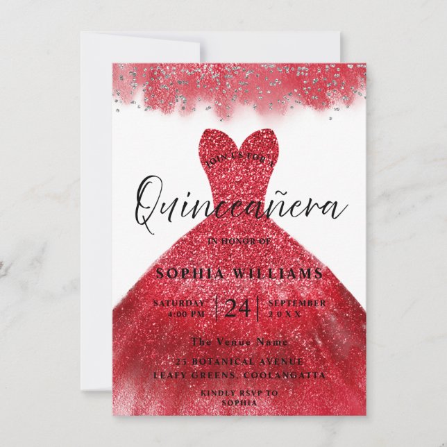 Invitación del partido Quinceanera con el vestido  (Anverso)