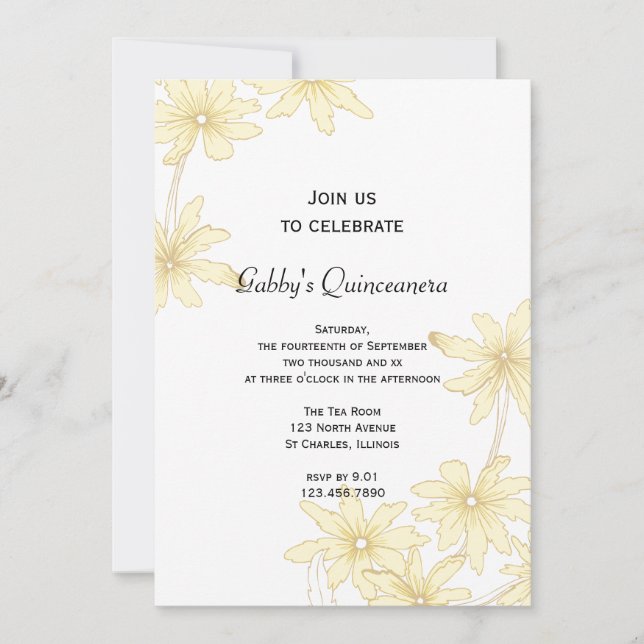 Invitación del partido Quinceanera Daisies Amarill (Anverso)