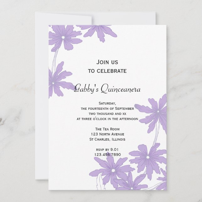Invitación del partido Quinceanera Daisies Púrpura (Anverso)