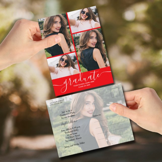 Invitación del partido Red Multi Photo Graduation  (Red graduation party invitation postcards feature your favorite photos and details on the back.)