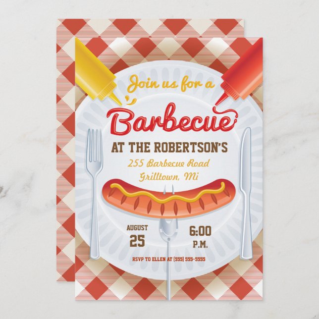 Invitación del Partido Retro BBQ a Gingham (Anverso / Reverso)