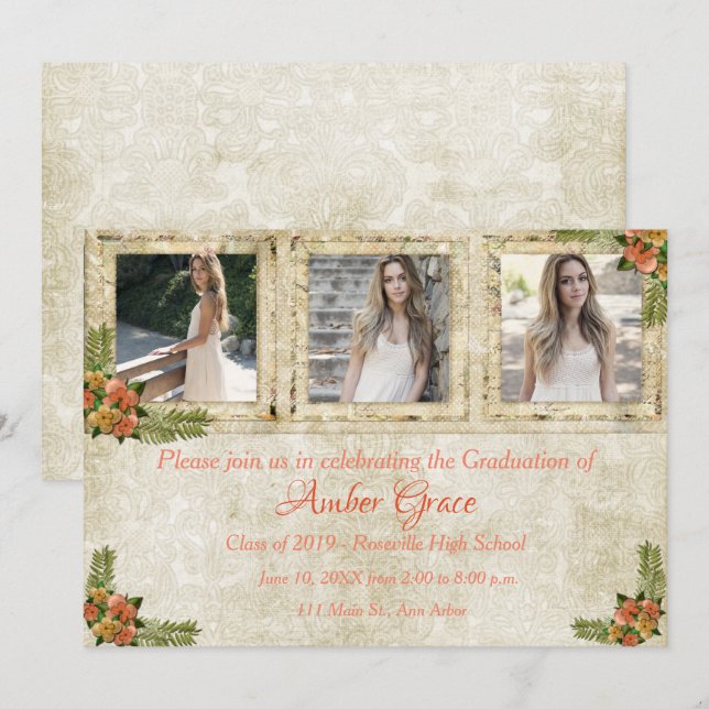Invitación del partido Shabby Chic Photo Graduatio (Anverso / Reverso)
