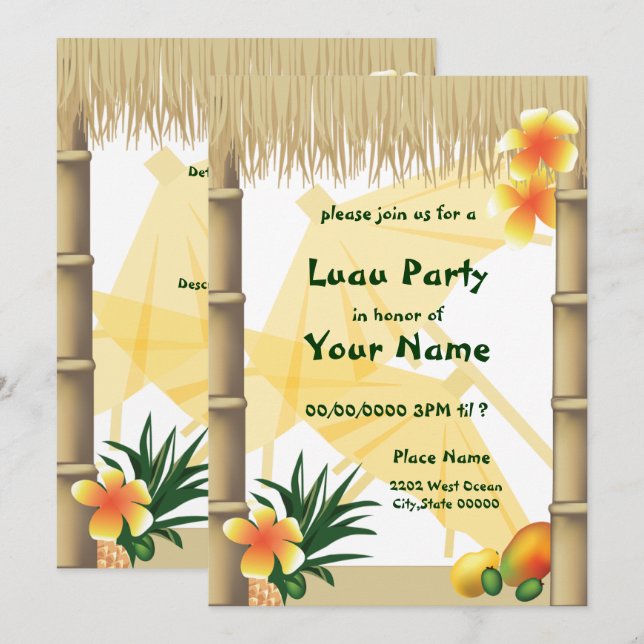 Invitación del Partido Tropical Hawaiano Luau Tiki (Anverso / Reverso)