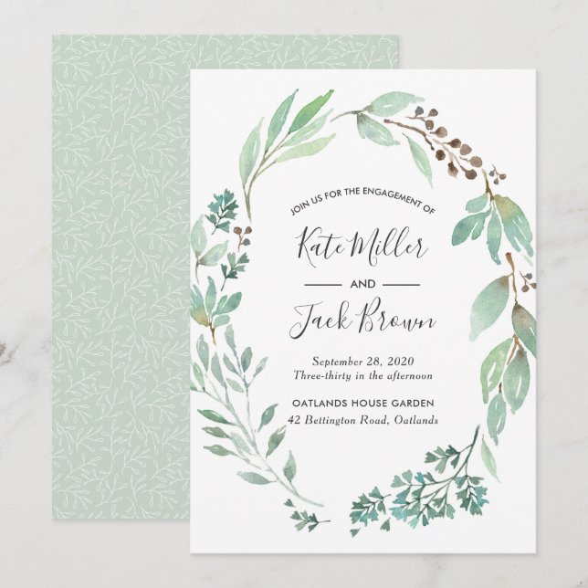 Invitación del partido Watercolor Greenery Engagem (Anverso / Reverso)