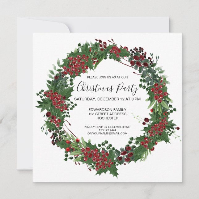 Invitación del partido Watercolor Holly wreath Nav (Anverso)