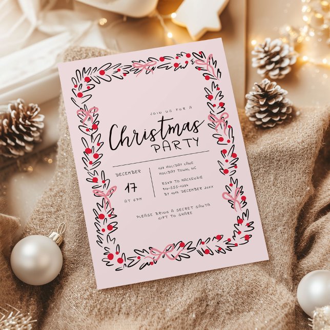 Invitación del partido Wreath & Bow de los Navidad (Whimsical Christmas Wreath holiday party invitation)