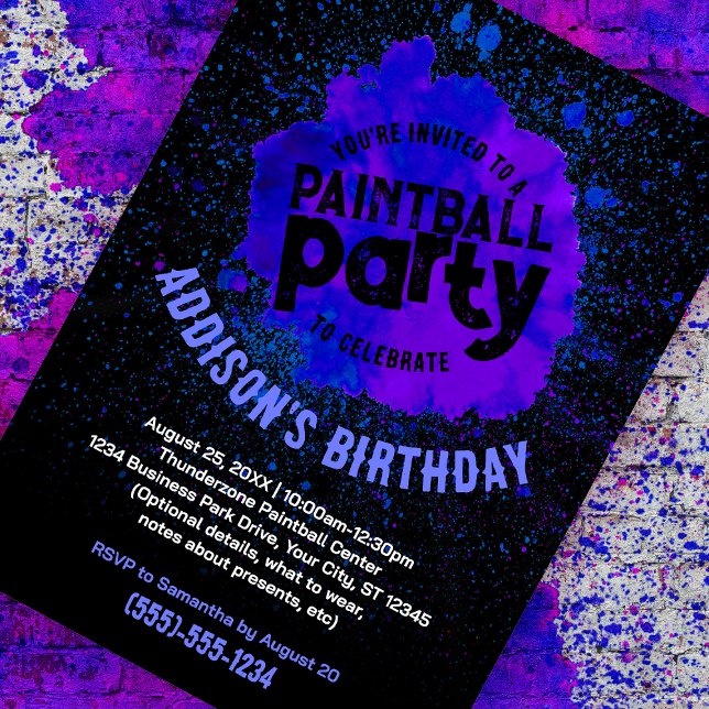 Invitación del Personalizado de la fiesta de cumpl (purple paint splatter customizable birthday invite against a paint splattered brick background)