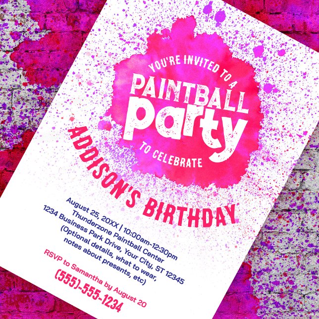 Invitación del Personalizado de la fiesta de cumpl (pink paint splatter customizable birthday invite against a paint splattered brick background)