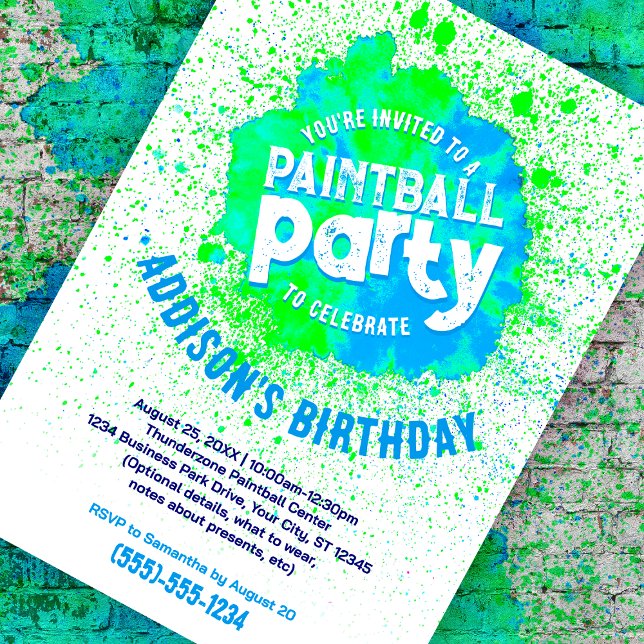 Invitación del Personalizado de la fiesta de cumpl (green paint splatter customizable birthday invite against a paint splattered brick background)