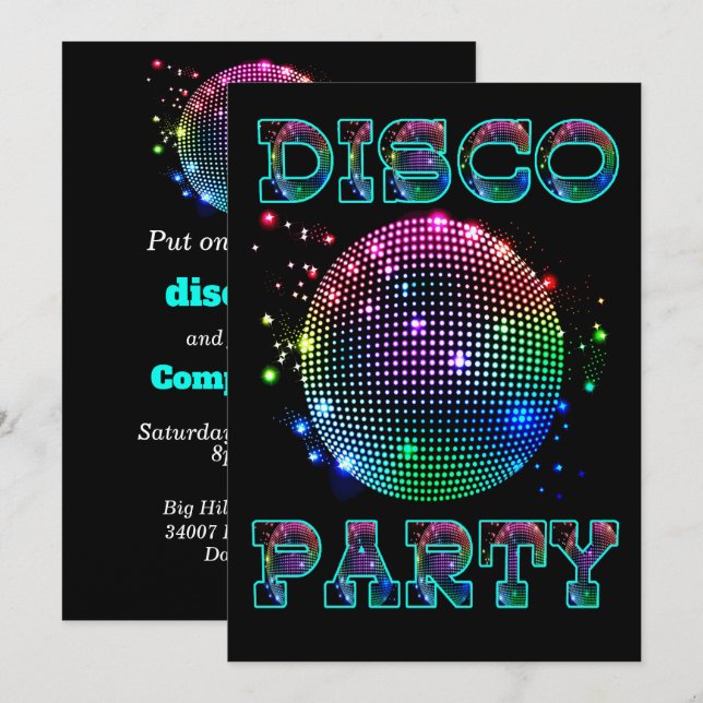 Invitación del personalizado del fiesta de disco (Anverso / Reverso)