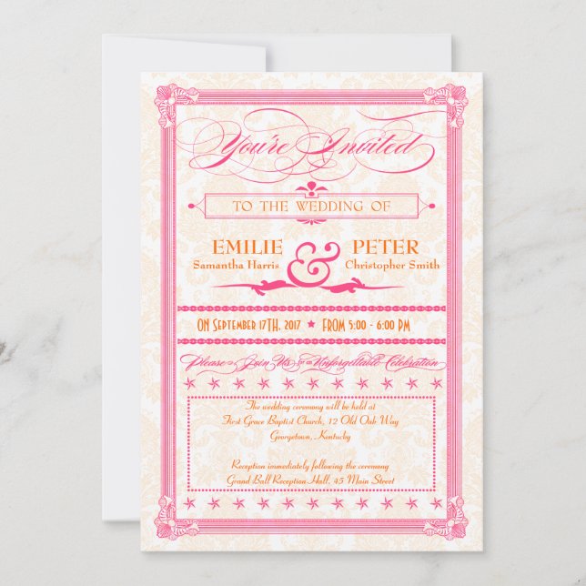 Invitación del Poster de Damask rosa y Naranja Bod (Anverso)