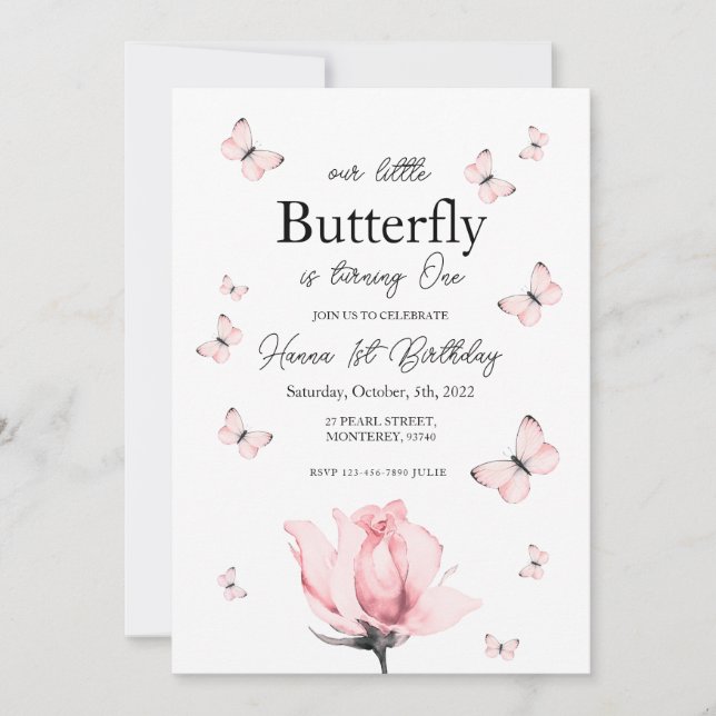 Invitación del primer cumpleaños de mariposa rosa (Anverso)