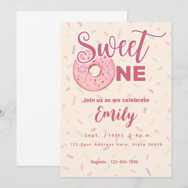 Invitación del primer cumpleaños de Sweet One (Anverso / Reverso)