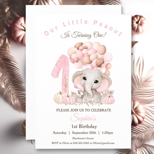 Invitación del primer cumpleaños del Chica Cute El (First Birthday Cute Elephant Fall Girl Invitation)