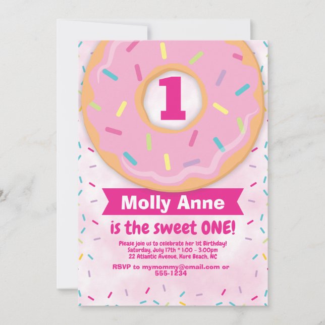 Invitación del primer cumpleaños del Chica Donut s (Anverso)